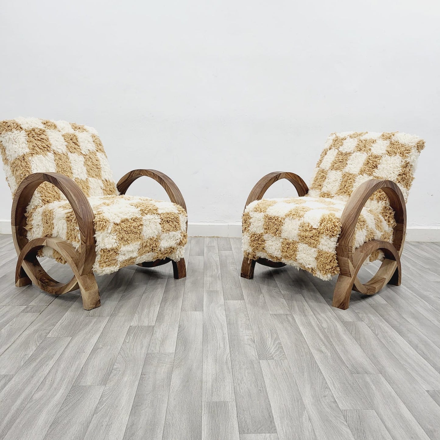 Sand Checkered Circle Arm Vintage Retro Lounge Chair