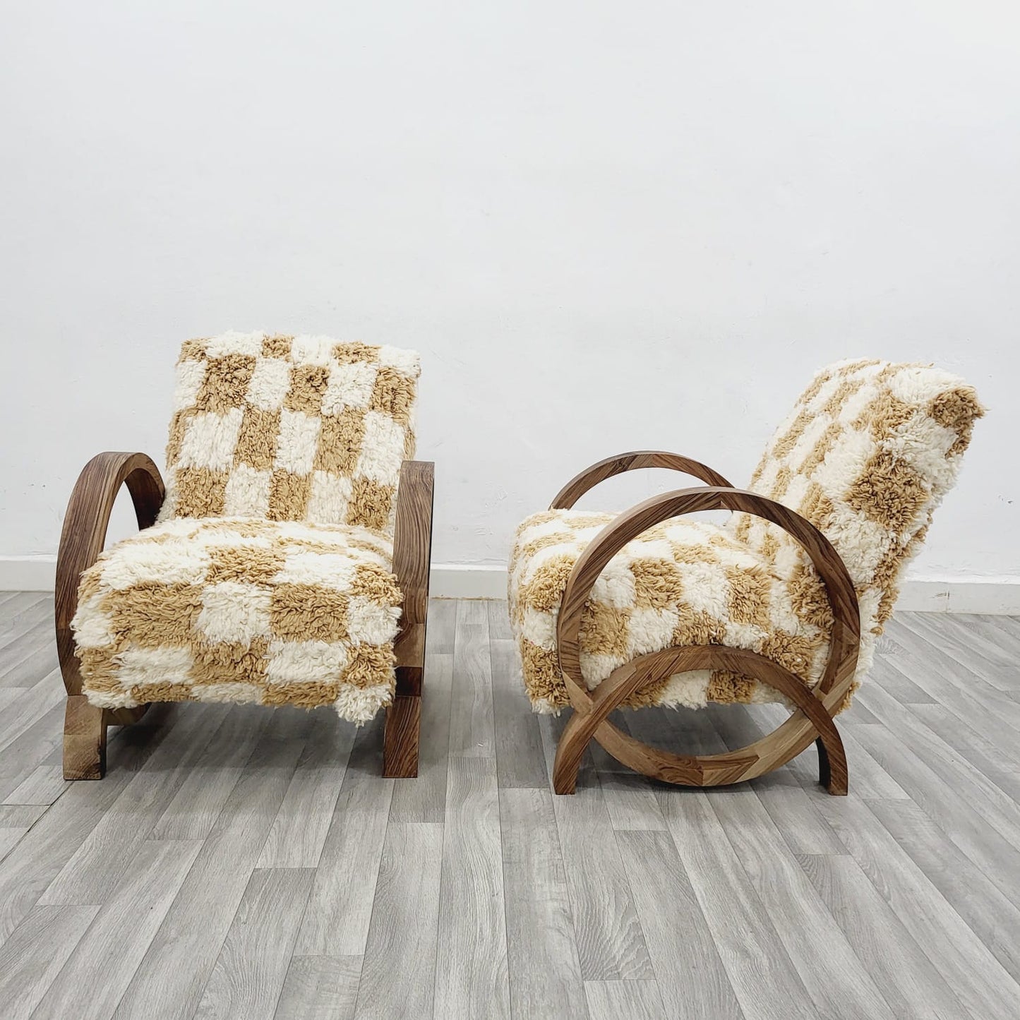 Sand Checkered Circle Arm Vintage Retro Lounge Chair