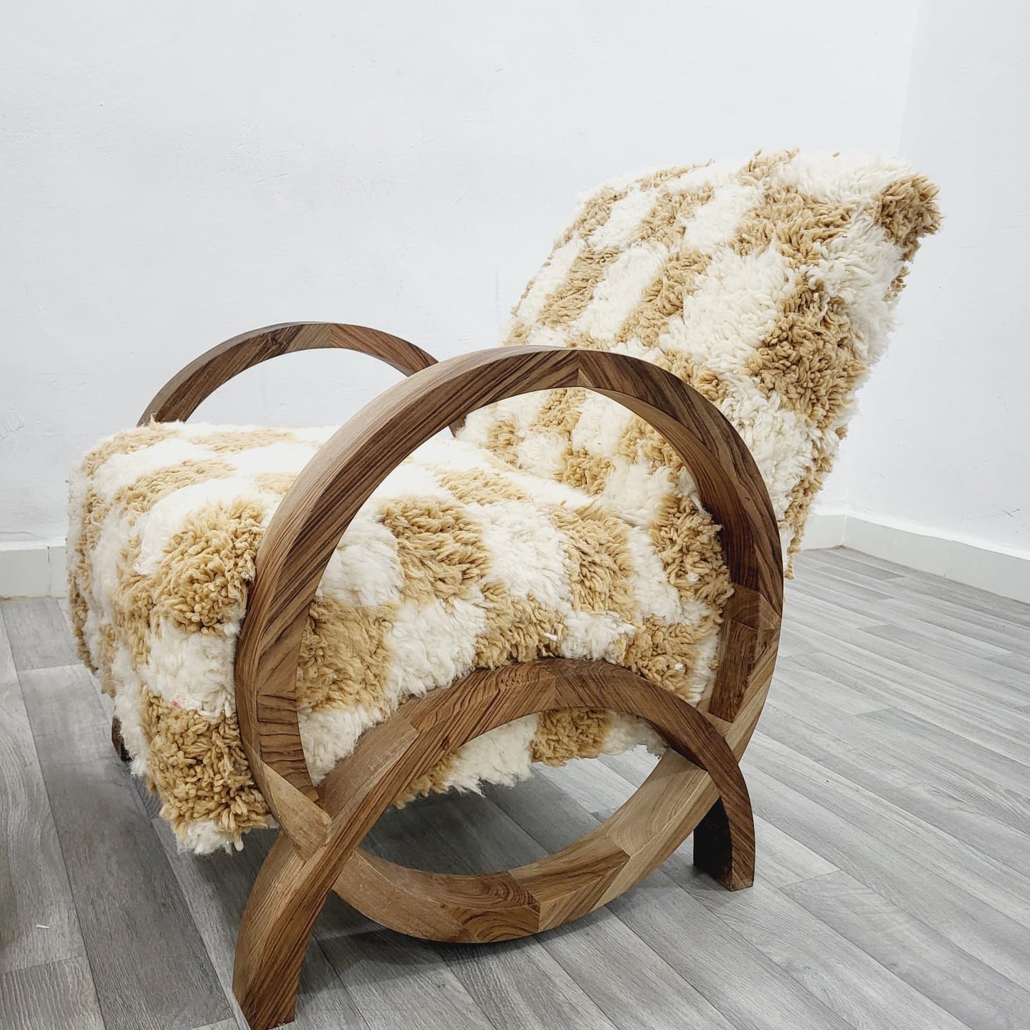 Sand Checkered Circle Arm Vintage Retro Lounge Chair